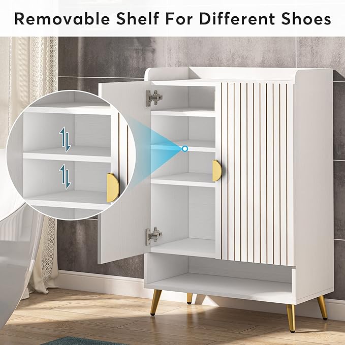Tribesigns Shoe Cabinet with Doors, 6-Tier Shoe Storage Cabinet with Adjustable Shelves, Wooden Shoes Rack Shoe Storage Organizer for Entryway, Hallway, Closet, Living Room, White & Gold