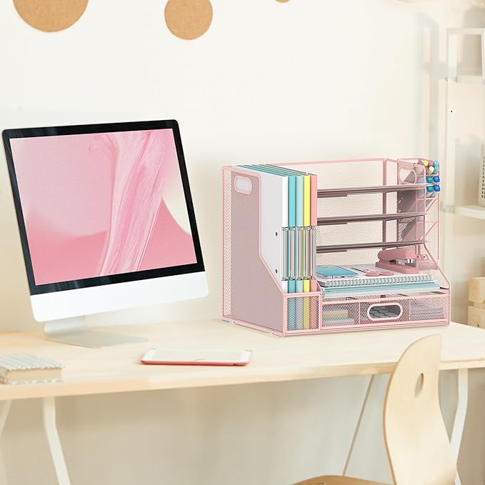 SUPEASY Desk Organizer with File Holder, 5-Tier Mesh Paper Organizer Letter Tray with Pen Holder and Drawer, Desk Organizers and Accessories with 3 Tilted File Sorter for Office Supplies, Pink