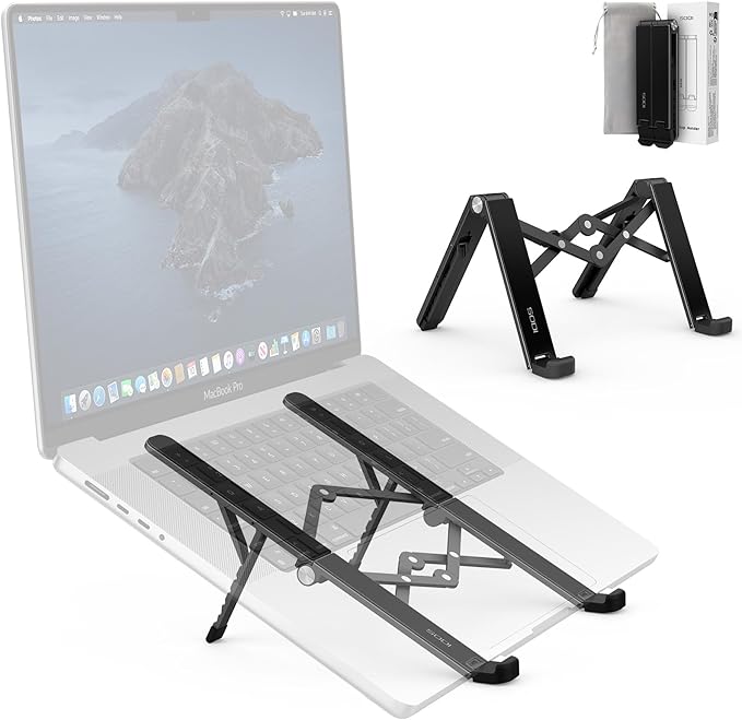 SODI 2025 Foldable Laptop Stand for Desk - Bi-fold Ergonomic Spring Adjustable Computer Holder, 3 in 1 Metal Portable Laptop Stand for Notebook, Phone, Tablet,10-16", Desk & Travel Use