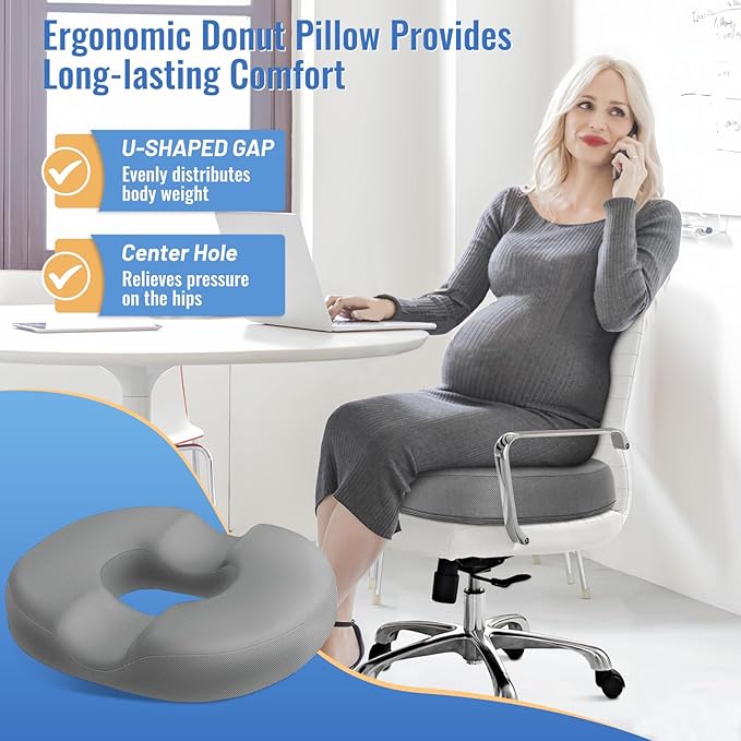 CloudBliss Donut Pillow Seat Cushion Chair Pad for Tailbone Pain Relief and Hemorrhoids, Memory Foam Seat Chair Cushion for Men and Women for Home & Office, (Light Grey)