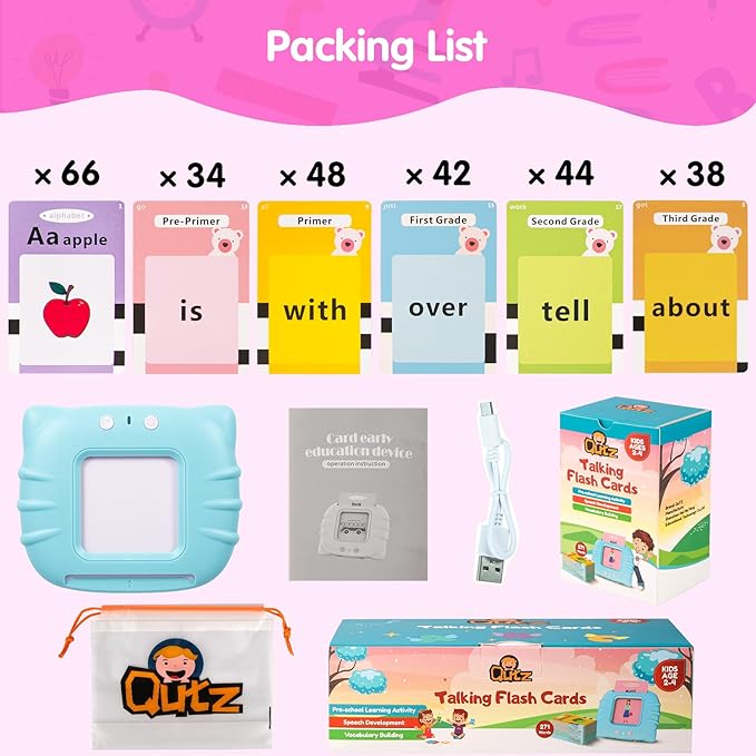 QuTZ ABC Flash Cards for Toddlers 2-4, Autism Toys, Speech Therapy Educational Cards with 272 Words for Boys and Girls