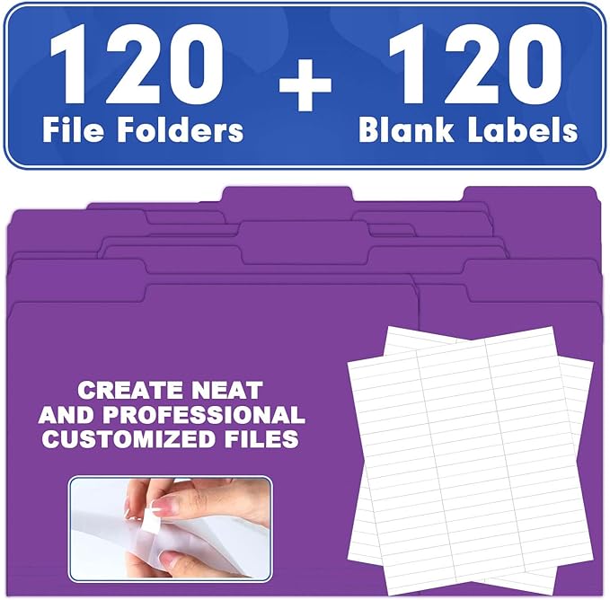 File Folder, HERKKA 120 Pack 1/3 Cut Tab File Folders, File Folders Great for Organizing and Filing, Letter Size, Purple