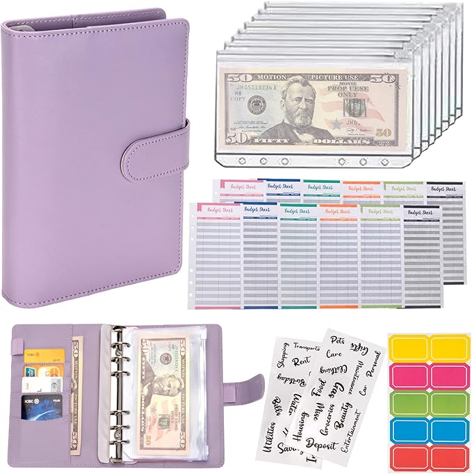 NICOOTHBudget Binder Cash Envelopes A6 Money Saving Binder with Zipper envelopes (Purple)