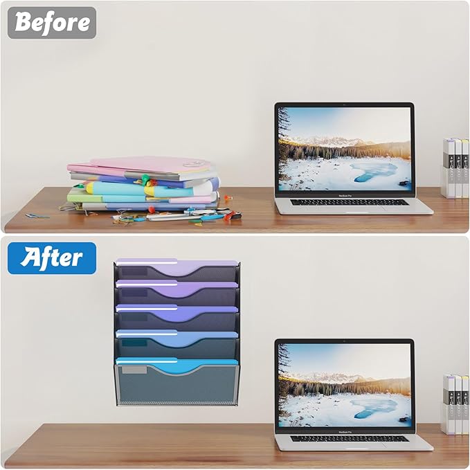 5 Tier Hanging Wall File Organizer, Mesh Mail Paper Orgnization Hanging File Folder Holder for Home Office, Black