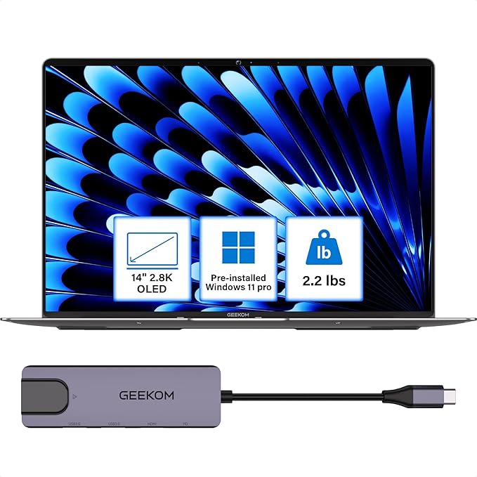 GEEKOM GeekBook X14 Pro Laptop, 2.2lbs Ultra Thin 14" 2.8K OLED Laptop Computer, Ultra 5 125H, 32GB LPDDR5x 7500MHz RAM 1TB SSD, Up to 16 Hour, 2X USB4, Fingerprint, Hub, Copilot, Windows 11 Pro