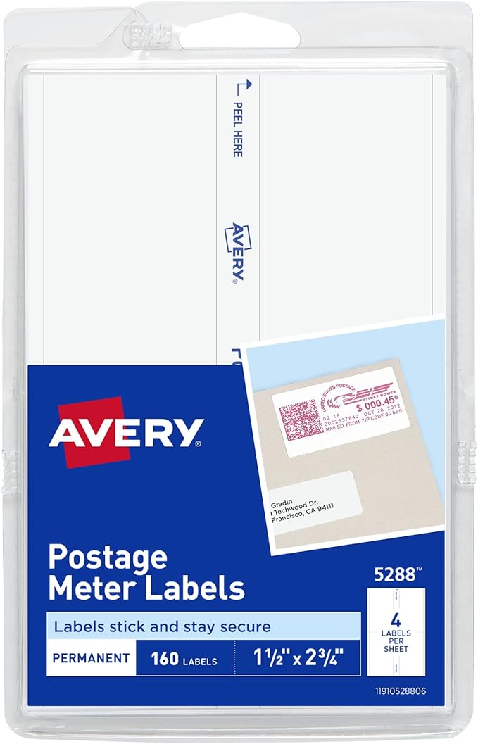 Avery Postage Meter Labels for Personal Post Office, 1.5" x 2.75", White, 160 Mail Meter Labels (05288)
