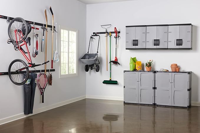 Rubbermaid Wall Mounted Storage Cabinet with Doors 150-Pound Capacity Gray Lockable Three-Shelf Cubbard for Tools/Car Accessories/Cleaning in Home/Garage/Outdoor Areas