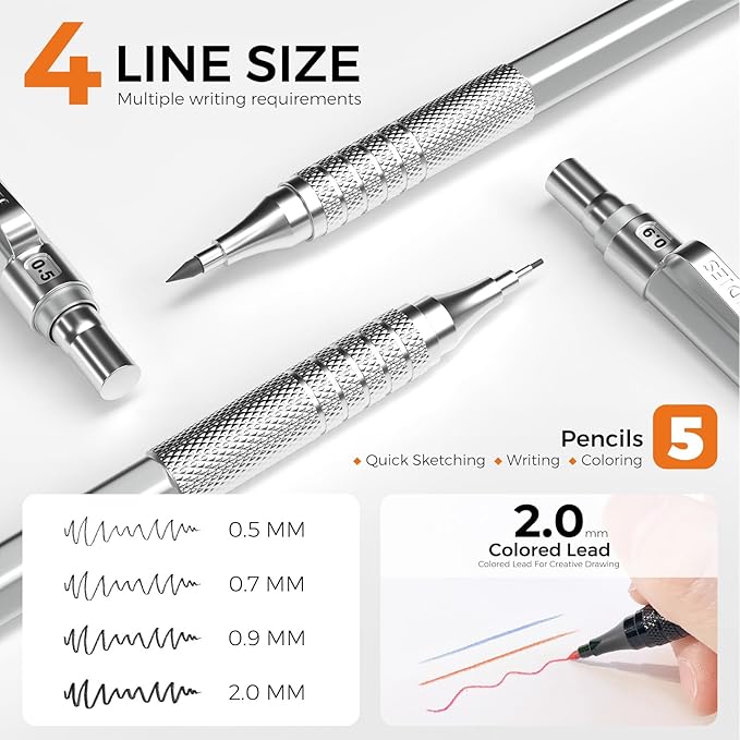 Four Candies Metal Mechanical Pencil Set, 3PCS Art Drafting Pencils 0.5, 0.7, 0.9MM & 2PCS 2MM Mechanical Drawing Pencils with 420PCS Leads (4B 2B HB 2H Color) for Writing Sketching Drawing (Silver)