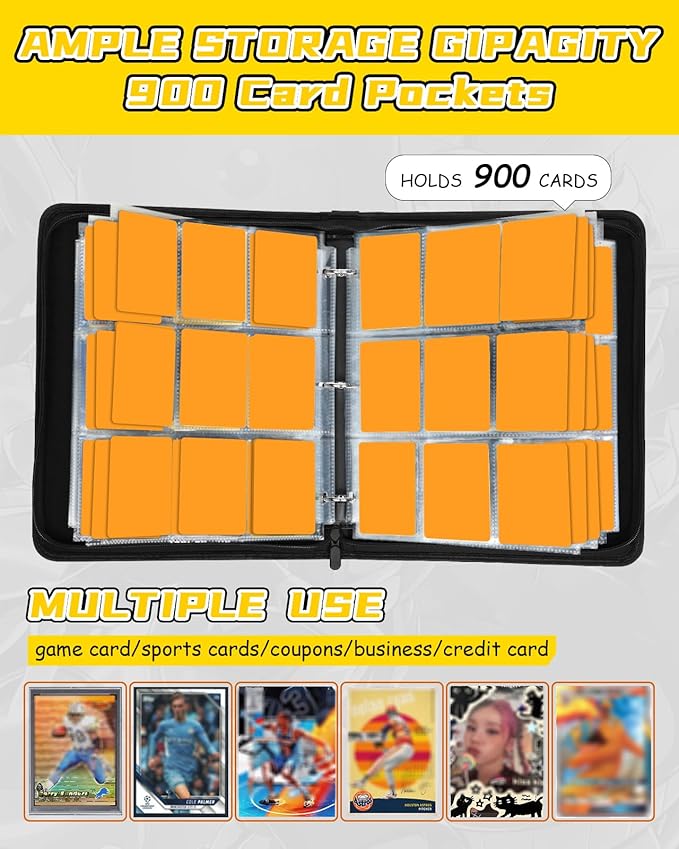 for 9 Pocket Trading Card Binder for 900 Cards - Cute Large Capacity Card Collection Album Folder with Zipper for Boys Men Teens Design for Sports, TCG, Game Cards