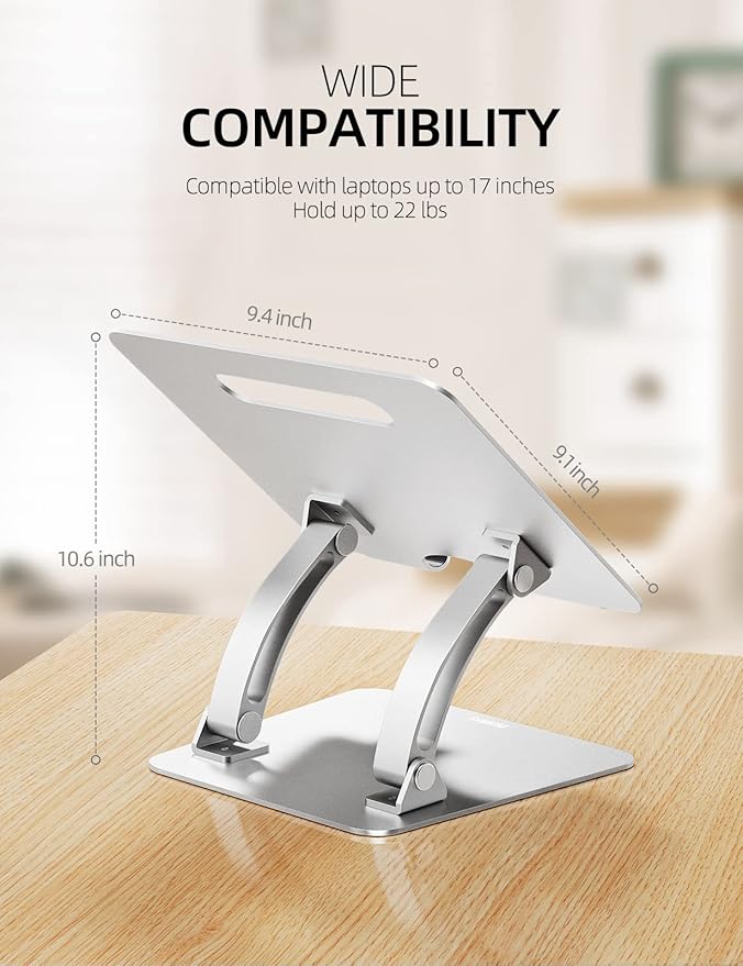 Nulaxy Fully Adjustable Laptop Stand for Desk, Dual Foldable Aluminum Computer Riser with Heat-Vent, Ergonomic Notebook Holder Portable Office Accessories Compatible with All 10-17" Laptops, Silver
