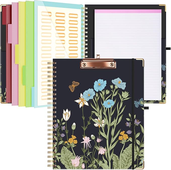 Ospelelf Clipboard with Storage 8.5 X 11，Padfolio Organizer, Spiral Portfolio Letter Size with Notepad, Pen Holder, 5 Extra Folder Divider Pages, Elastic Closure Nurse Essentials (Night Flowers)
