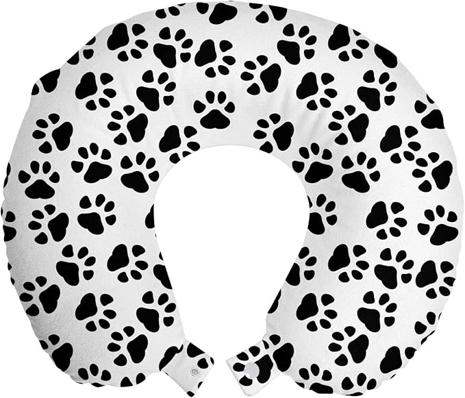 Ambesonne Paw Print Travel Pillow Neck Rest, Animal Feet Sign Pattern in Monochromatic Style Dog Cat Puppy Kitten, Memory Foam Traveling Accessory for Airplane and Car, 12", White Charcoal