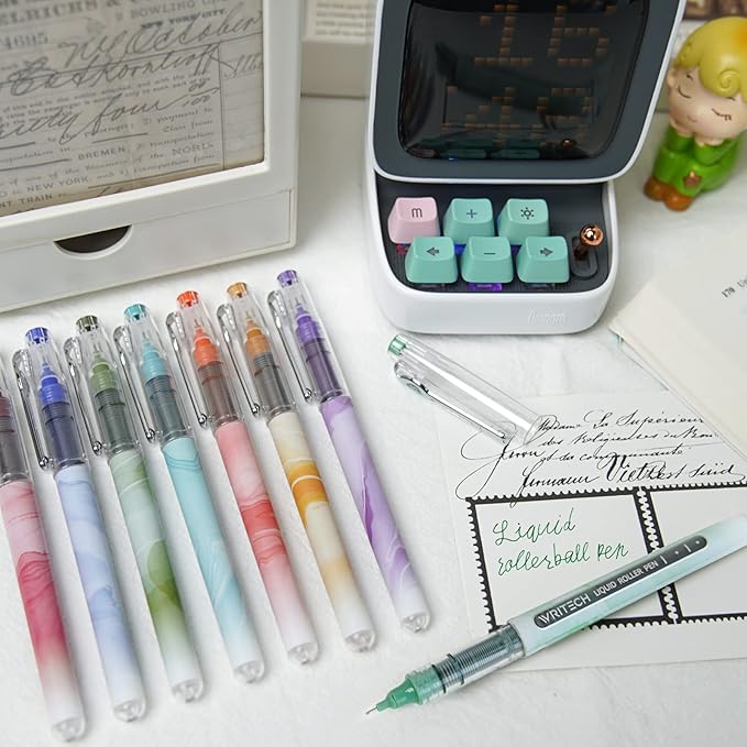 WRITECH Liquid Ink Rollerball Pens: Multi Colored 0.5mm Extra Fine Point Tip Rolling Roller Ball Pen 8ct Assorted Colors for Journaling Smooth Writing Note Taking No Bleed & Smudge & Smear