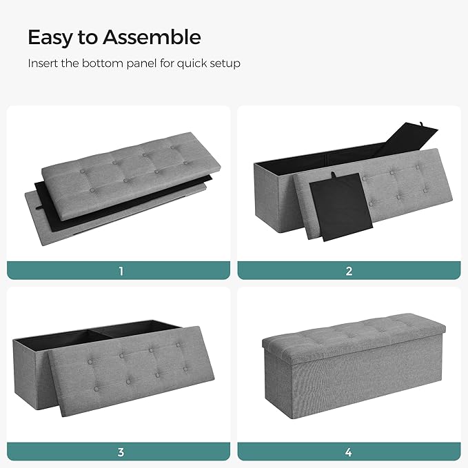 SONGMICS MAZIE Collection - 43 Inches Ottoman Storage Bench, 35 Gal. Folding Chest with Breathable Linen-Look Fabric, Load up to 660 lb, for Entryway, Living Room, Bedroom, Light Gray ULSF077G05