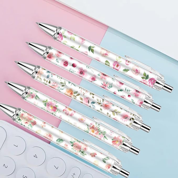 10 PCS Pink Floral Pens Flower Ballpoint Pens 0.5 mm Rollerball Tip Cute Fashionable Retractable Ballpoint Pen for Office Supplies Black Ink, Medium Point (Pink Flower, 10)