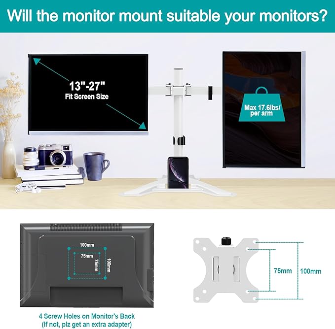 MOUNT PRO Dual Monitor Stand, Free-Standing Full Motion Monitor Desk Mount Fits 2 Screens up to 27 inches,17.6lbs with Height Adjustable, Swivel, Tilt, Rotation, VESA 75x75 100x100,White