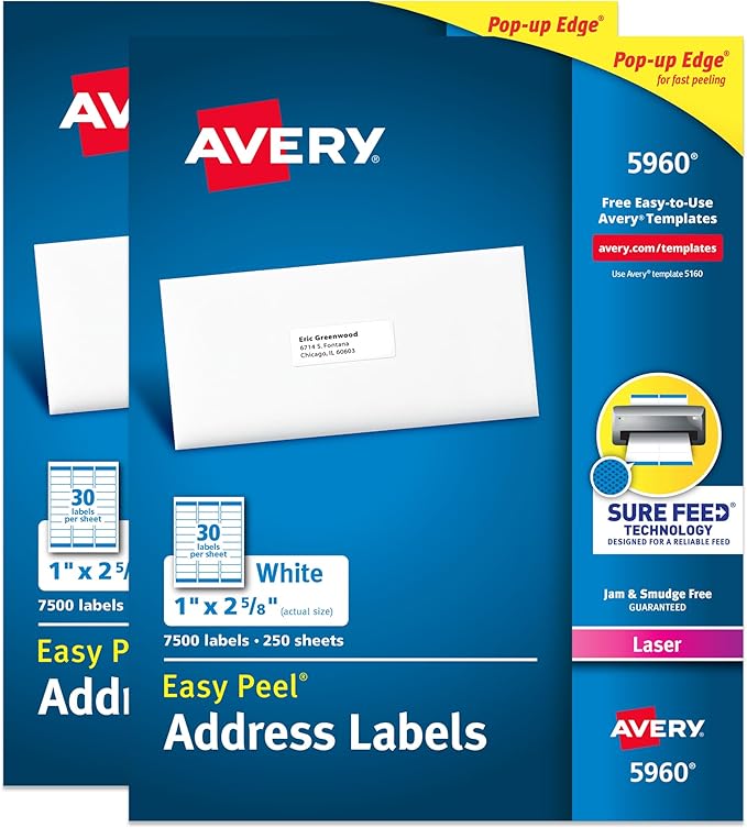 Avery Easy Peel Printable Address Labels with Sure Feed, 1" x 2-5/8" Customizable Stickers, White, 15,000 Blank Mailing Labels, Great for Mailing, Shipping, and More (2-Pack of 5960)