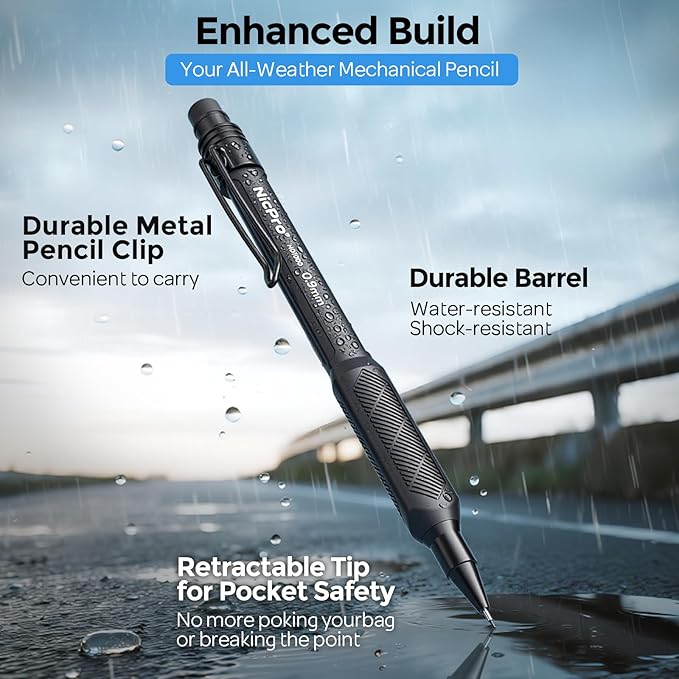 Nicpro Art Mechanical Pencil 0.9mm with Case, 3PCS HD1000 Hevey Duty Lead Pencils With 6 Tube HB 0.9 Lead Refill, Eraser, Weatherproof Barrel Pencil Set for Outdoor Writing Drafting Drawing Sketching