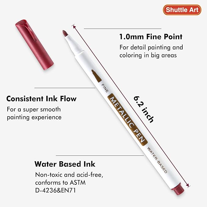 Shuttle Art Metallic Marker Pens, 24 Colors Metallic Paint Markers Fine Point for DIY Card, Calligraphy, Art and Crafting Projects, Works Great on Black Paper, Scrapbooks, Fabric, Rock.
