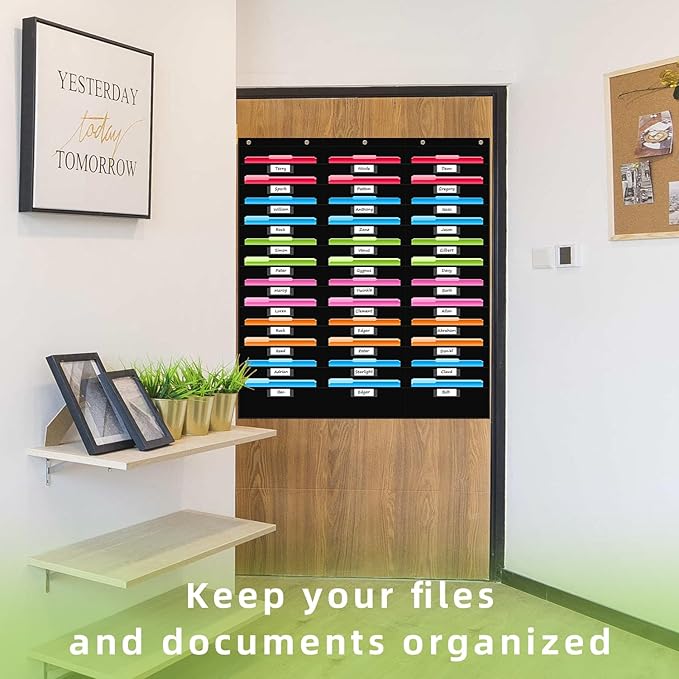 REGELETO 36 Pockets File Storage Pocket Chart with 36 Nametag Pockets, Hanging Wall File Organizer for Classroom and Office, Organize Your Assignments, Files, Scrapbooks, Paper (Black-36 Pockets)