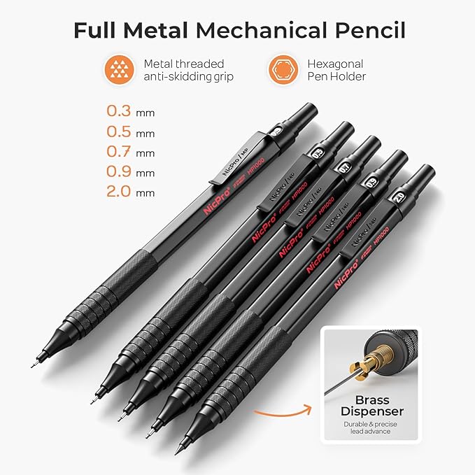 Nicpro Black Art Mechanical Pencil Set, 5PCS Metal Drafting Pencils 0.3, 0.5, 0.7, 0.9 mm & 2mm Graphite Lead Holder For Sketching Drawing With 9 Tubes (4B 2B HB 2H Colors) Lead Refills Erasers Case