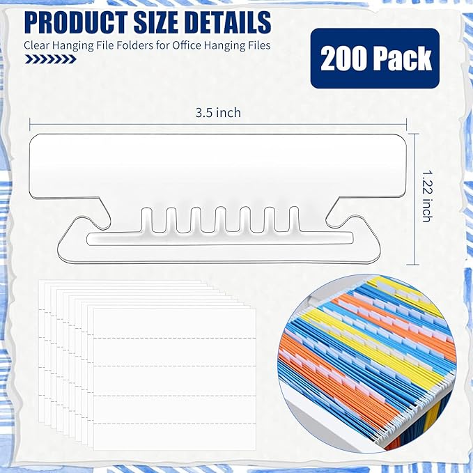 200 Pcs 3 1/2 Inch Hanging File Folder Tabs - Plastic, Clear, Insertable for Office, School