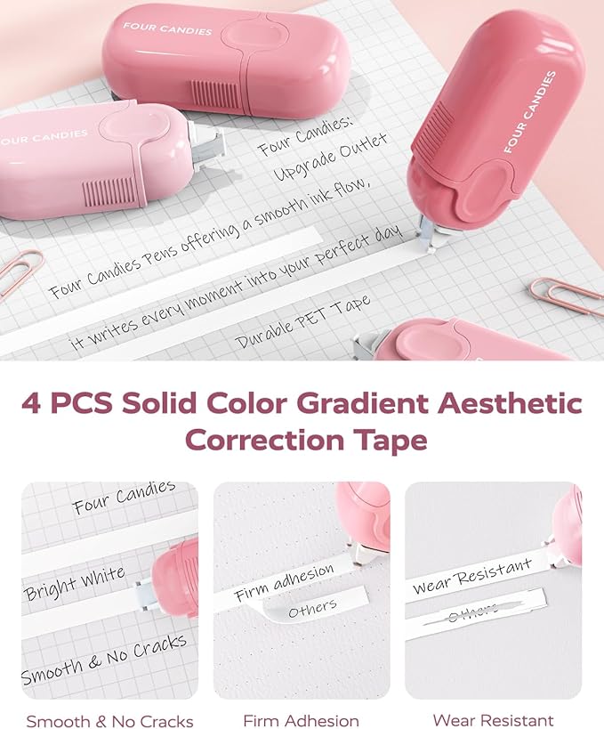 Four Candies Pink School Supplies with Case, Gel Pens with Black Ink, Correction Tapes, Pastel Highlighters, Mechanical Pencils, Sticky Notes, Index Post for Bible Study Stationary College Essentials