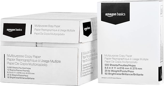 Amazon Basics Multipurpose Copy Printer Paper, 20 lb, 8.5 x 11 Inches, 10 Reams (5,000 Sheets), 92 Bright White