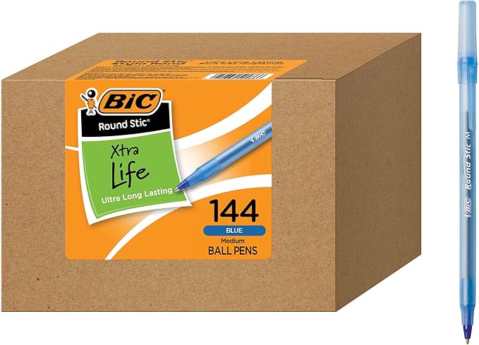 BIC Round Stic Xtra Life Blue Ballpoint Pens, Medium Point (1.0mm), 144-Count Pack of Bulk Pens, Flexible Round Barrel for Writing Comfort, No. 1 Selling Ballpoint Pens