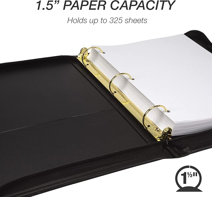 Samsill Classic Collection Leather Binder, Zippered, Executive Presentation Portfolio, 1.5 Inch (Holds 325 Sheets), Brass Round Ring, Black