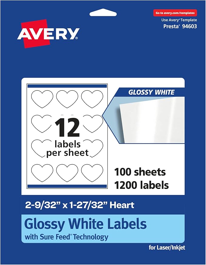 Avery Glossy White Heart Labels, Sure Feed Technology, 2-9/32" x 1-27/32", 1,200 Glossy White Labels, Print-to-The-Edge, Permanent Adhesive, Laser/Inkjet Printable