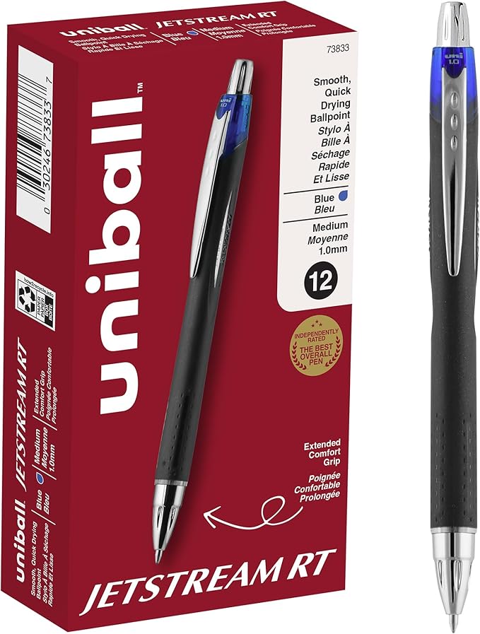 uniball Jetstream RT Retractable Ballpoint Pen, Medium Point (1.0mm), Blue, 12 Pack