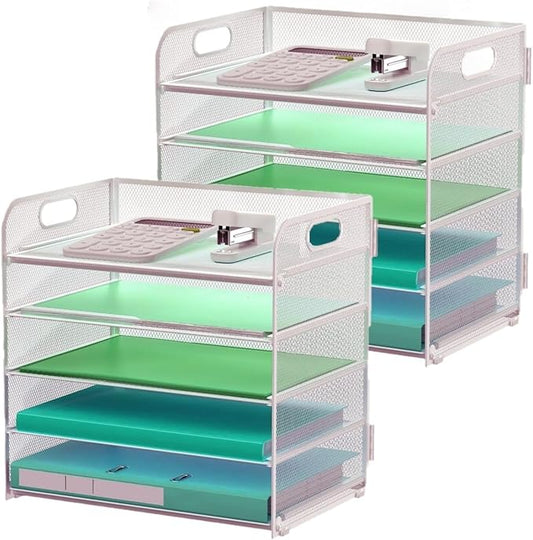 2 Pack Letter Tray 5-Tier Desk Organizer File Paper Holder with Handle, Metal Desktop Document Shelf Tray Office Classroom Organization - Silver