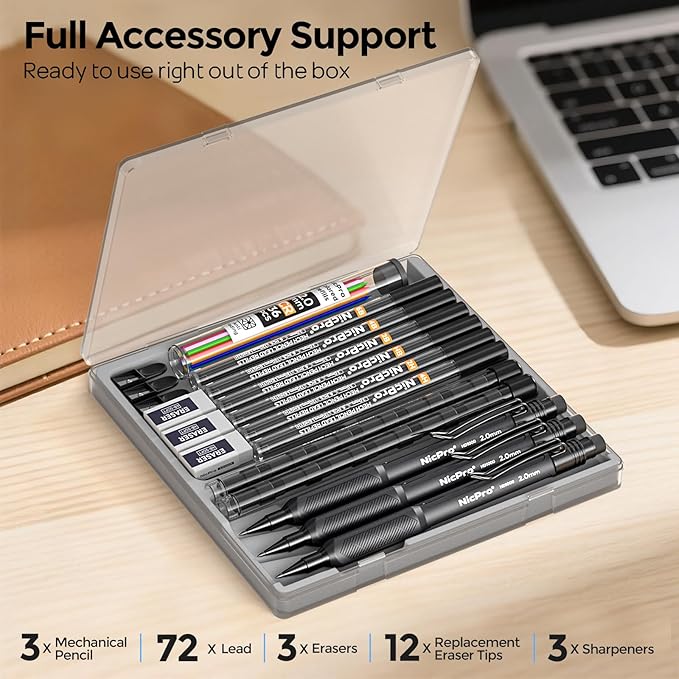 Nicpro 2.0 mm Mechanical Pencil Set, 3PCS Artist Lead Pencil Holder 2mm with 72PCS Lead Refills (4H 2H HB 2B 4B 6B Color) Eraser, Weatherproof Barrel for Outdoor Writing Drafting Drawing Sketching