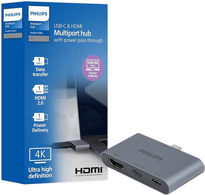 Philips USB-C Multiport Hub, with 4K HDMI Display, 10bps and 2 5Gbps USB-A Data Ports, 100 Watt Power delivery, Multi Device Connector, for Phone, Tablet or Laptop, Gray/Silver, SWL3303M/37