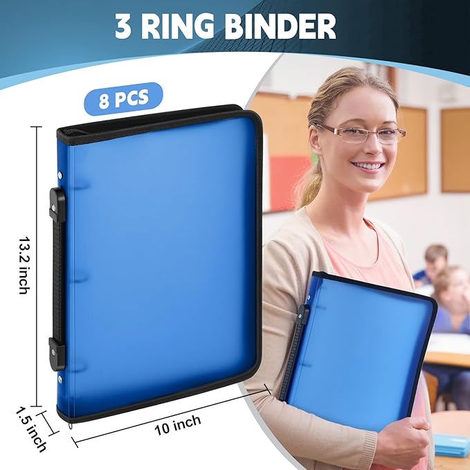 Teling 8 Pcs Plastic Zipper Binders with 3 Ring Zipper Binder, Refillable File Organizer Planner for Projects, Assignments, Memos, School Work (1 Inch,Blue)