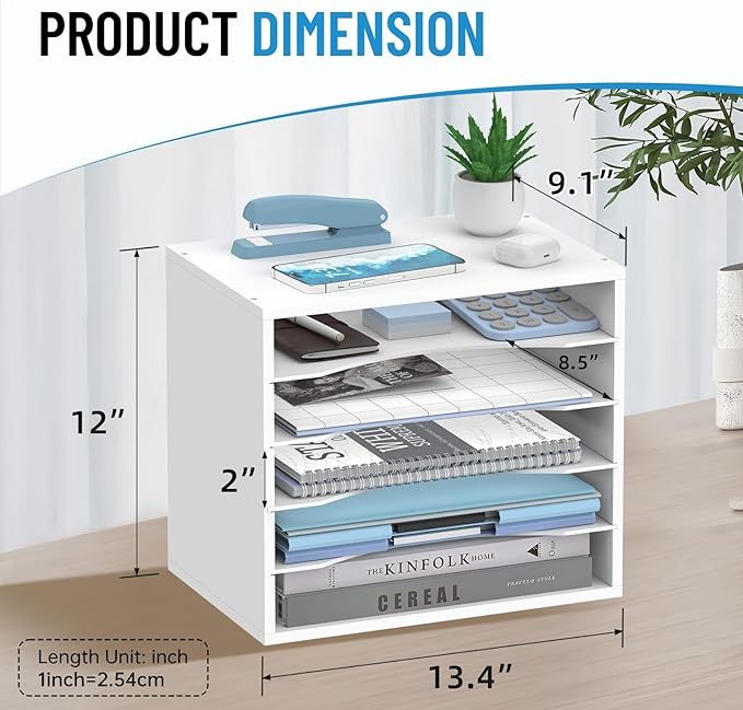 5-Tier Wood Desk Organizer, Paper Tray Organizer for Desk with Adjustable Storage Shelves, Desktop File Organization Paper Sorter Mail Holder for Office Home Classroom, White