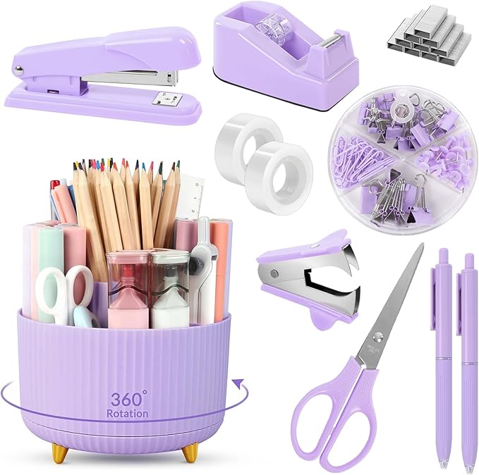 SKYDUE Purple Office Supplies Set, Purple Office Desk Accessories 10PCS, Pencil Holder for Desk, Stapler, Tape Dispenser, Scissors, Ruler, Binder/Paper Clips and 1000pcs Staples,Desk Supplies Set