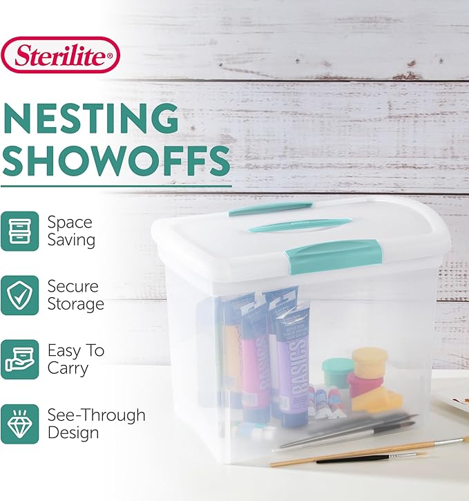 Sterilite Large Nesting ShowOffs, Stackable Small Storage Bin with Latching Lid and Handle, Plastic Container to Organize Office Files, Clear, 6-Pack