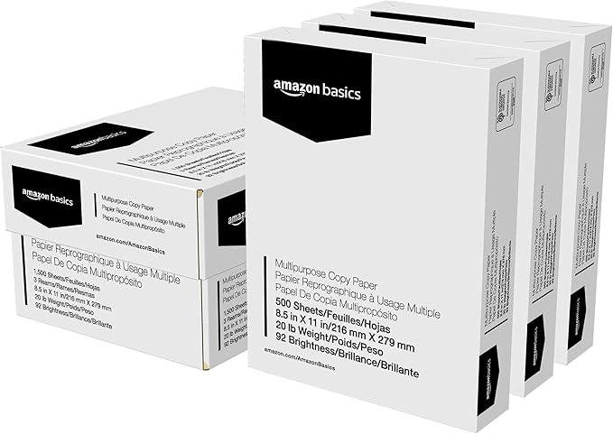 Amazon Basics Multipurpose Copy Printer Paper, 20 lb, 8.5 x 11 Inches, 3 Reams (1,500 Sheets), 92 Bright White for Home Use