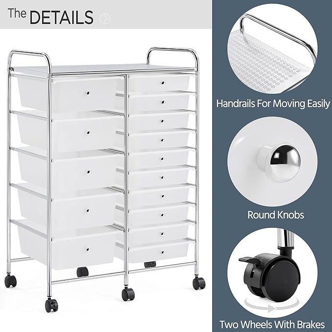 Yaheetech 15 Drawers Rolling Storage Cart Multipurpose Mobile Rolling Utility Storage Organizer Cart Tools Scrapbook Paper Organizer on Wheels, White