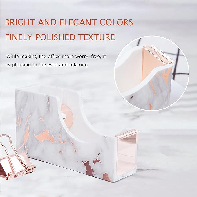 Rose Gold Marble Desk Accessories, Office Supplies Set Stapler Staple Remover, Tape Holder, Pen 2 Ballpoint Pen, Scissor, Binder Clips, Paper Clips and 1000pcs Staples