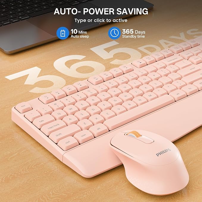PHILIPS Wireless Keyboard and Mouse Combo-Ergonomic Keyboard and Mouse Wireless Combo with Silent Design,Plug n' Play,Sleep Mode and 2.4GHz Keyboard for Mac, Windows, Laptop-Pink