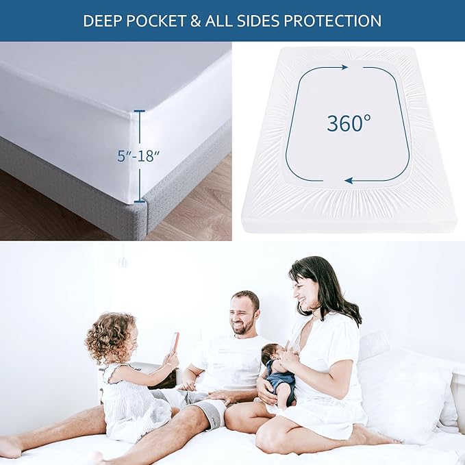 Waterproof Mattress Protector King Size,Mattress Cover Protector, Smooth Top Mattress Protector for Kids, Breathable Skin Friendly and Noiseless Fitted Sheet,King Size,Polyester