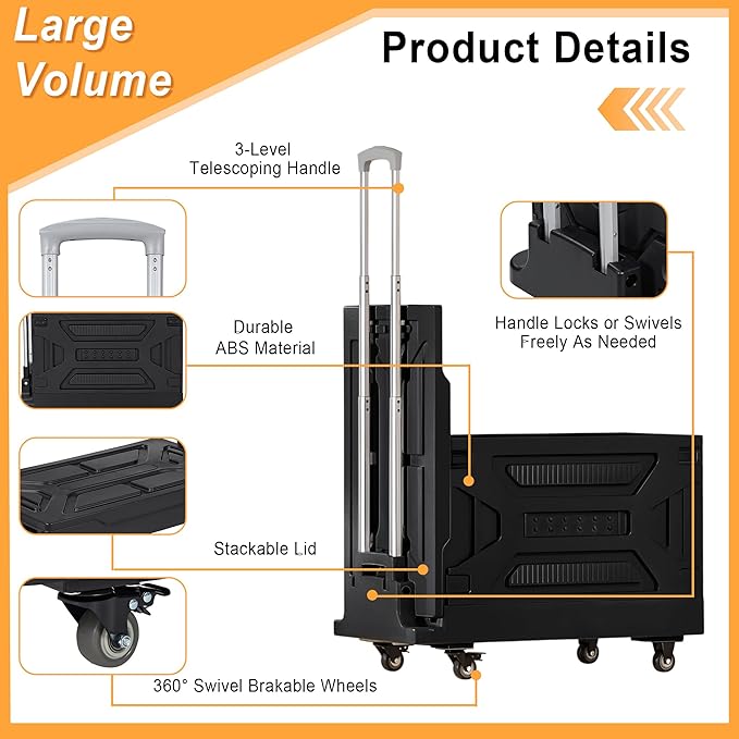 VECELO 23 GAL Large Capacity Foldable Utility Cart with Wheels - Heavy Duty Collapsible Rolling Cart for Shopping, Travel, Office & Home - Portable Luggage Cart with Telescoping Handle, Black