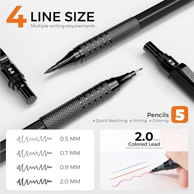 Four Candies Metal Mechanical Pencil Set, 3PCS Art Drafting Pencils 0.5, 0.7, 0.9MM & 2PCS 2MM Mechanical Drawing Pencils with 420PCS Leads (4B 2B HB 2H Color) for Writing Sketching Drawing (Black)