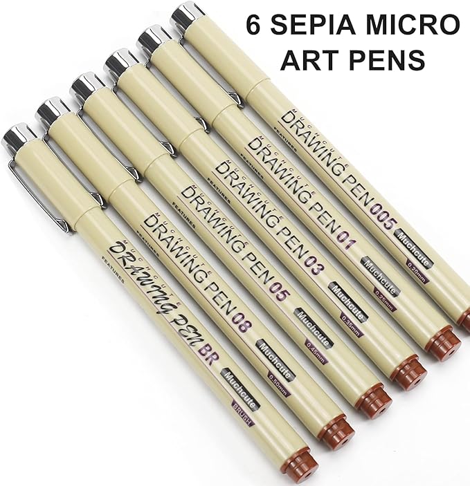 Muchcute Micro Fineliner Drawing Art Pens: 6 Sepia Fine Line Waterproof Ink Set Artist Supplies Brown Archival Inking Marker Liner Sketch Outline Manga Anime Gifts Sketching Watercolor Zentangle Stuff