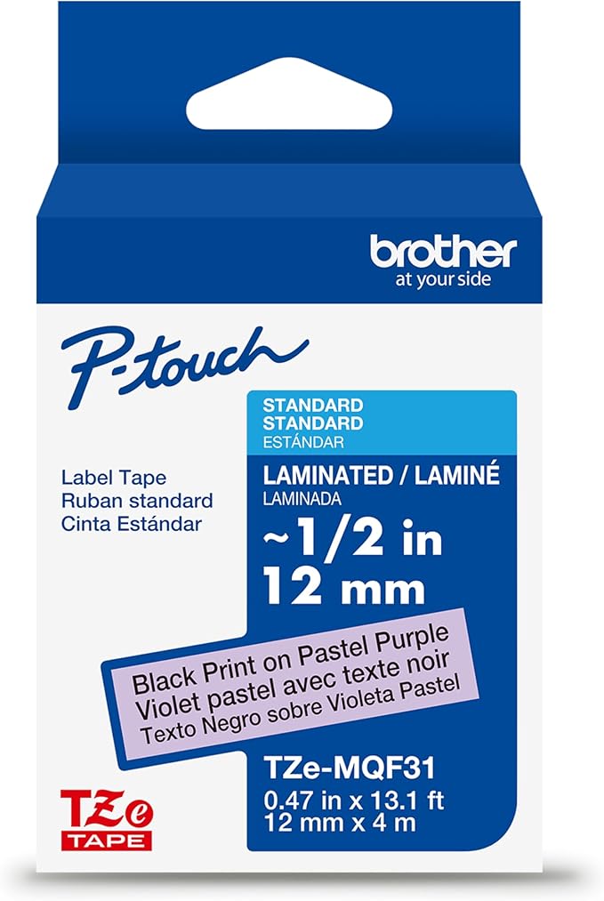 Brother Genuine P-Touch TZE-MQF31 Tape, 1/2" (0.47") Wide Standard Laminated Tape, Black on Pastel Purple, Laminated for Indoor or Outdoor Use, Water-Resistant, 0.47" x 26.2' (12mm x 8M), TZEMQF31