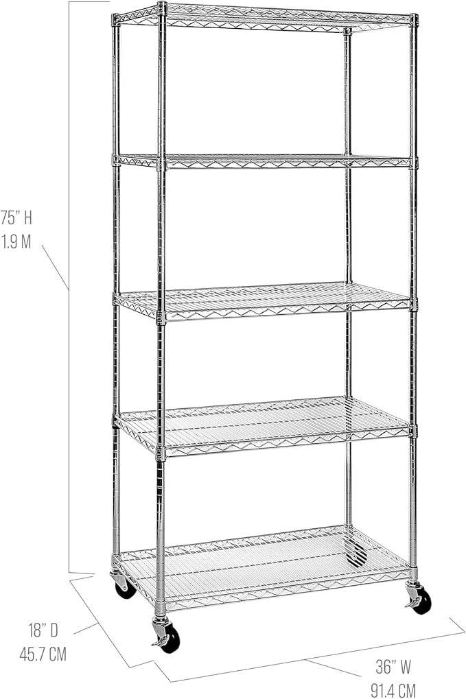 Seville Classics UltraDurable Heavy Duty NSF Solid Steel Wire Rack Storage Unit, Organizer for Garage, Warehouse, Office, Restaurant, Classroom, Kitchen, Steel, 5-Tier Shelving, 36" W x 18" D