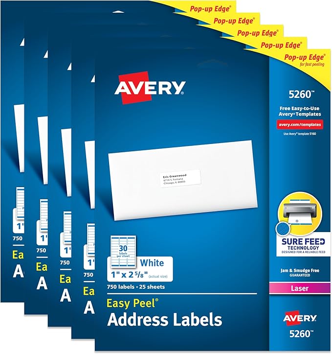 Avery Easy Peel Printable Address Labels with Sure Feed, 1" x 2-5/8" Customizable Stickers, White, 3,750 Blank Mailing Labels, Great for Mailing, Shipping, and More (5-Pack of 5260)